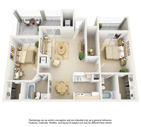 Floor plan for 2 beds, 2 baths, 1294 sqft